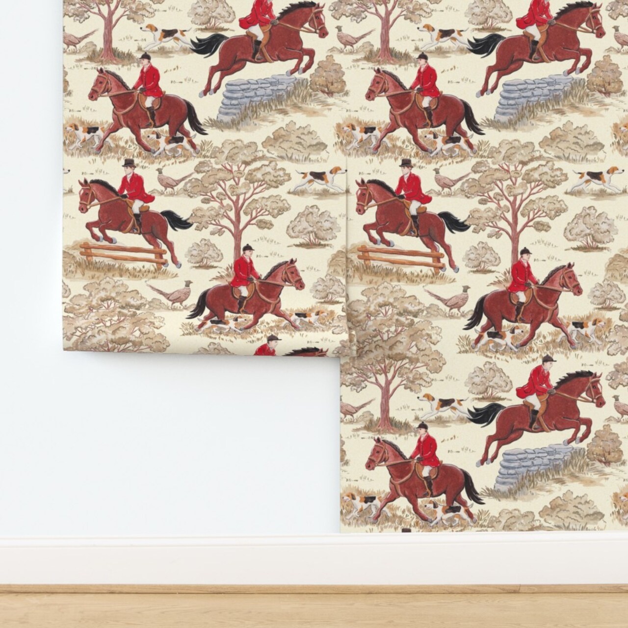 Horses Hunting Fox Hunt Toile English Countryside Rustic Traditional Classic Hunt Equestrian Custom Pre-pasted Wallpaper by Spoonflower Pre-Pasted Wallpaper 2FT Wide